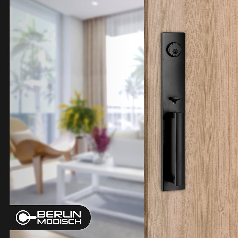 Berlin Modisch Full Escutcheon HandleSet Front Door Entry Handle and Deadbolt Lock Set Slim Square Single Cylinder Deadbolt and Lever Heavy Duty â€“ Iron Black Finish - Image 3